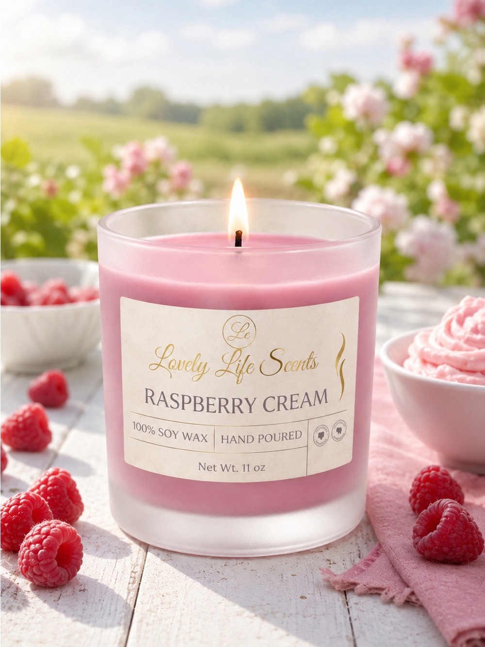Raspberry Cream 11 oz Premium Soy Wax Candle, a Sweet Fruit & Creamy Scent